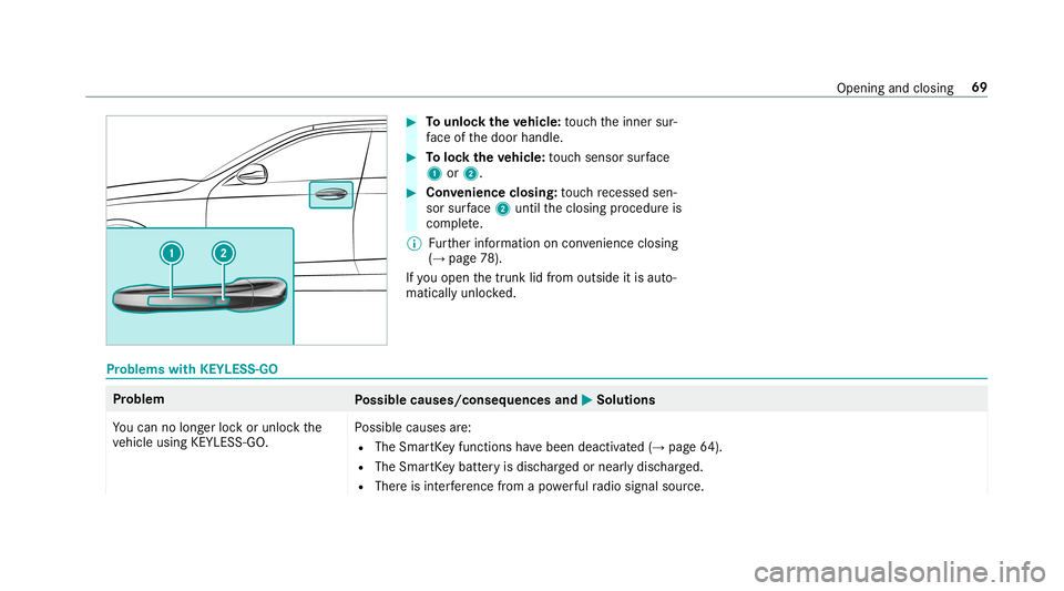 MERCEDES-BENZ E-CLASS CABRIOLET 2019 Manual PDF 0007
Tounlo cktheve hicl e:touc hth einner sur‐
fa ce ofthedoor handle. 0007
Toloc kth eve hicl e:touc hsen sor surface
1 or2. 0007
Convenience closing:touc hre cess edsen‐
sor surface 2untilth ec MERCEDES-BENZ E-CLASS CABRIOLET 2019 Manual PDF 0007
Tounlo cktheve hicl e:touc hth einner sur‐
fa ce ofthedoor handle. 0007
Toloc kth eve hicl e:touc hsen sor surface
1 or2. 0007
Convenience closing:touc hre cess edsen‐
sor surface 2untilth ec