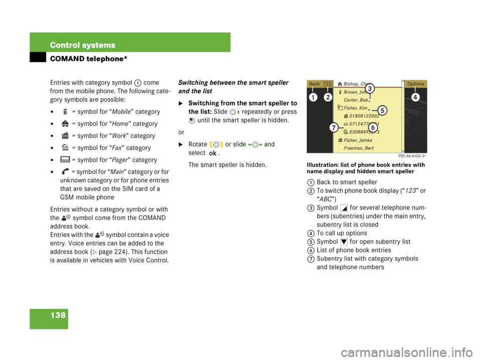 MERCEDES-BENZ CL500 2007 C216 Owners Manual 138 Control systems
COMAND telephone*
Entries with category symbol 1 come 
from the mobile phone. The following cate-
gory symbols are possible:
 = symbol for “Mobile” category 
 = symbol for �