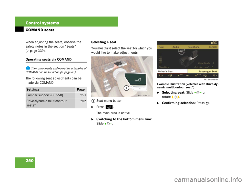 MERCEDES-BENZ CL500 2007 C216 Owners Manual 250 Control systems
COMAND seats
When adjusting the seats, observe the 
safety notes in the section “Seats” 
(
page 339).
Operating seats via COMAND
The following seat adjustments can be 
made vi