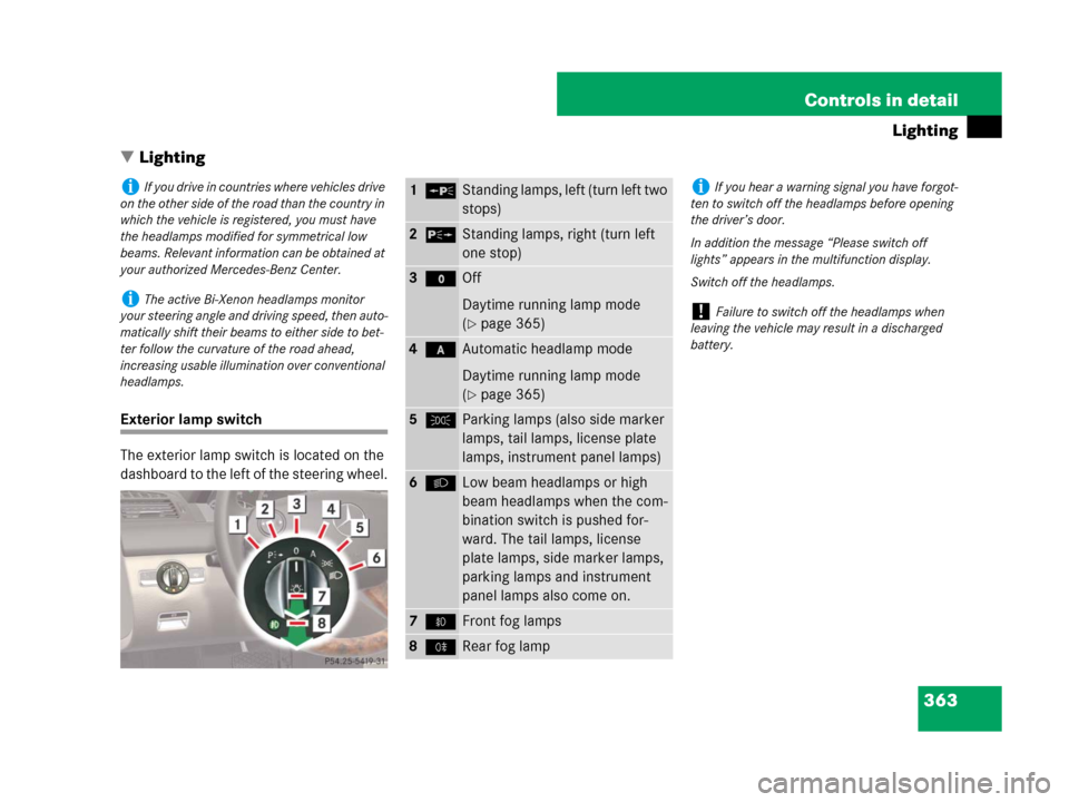 MERCEDES-BENZ CL600 2007 C216 Owners Manual 363 Controls in detail
Lighting
Lighting
Exterior lamp switch
The exterior lamp switch is located on the 
dashboard to the left of the steering wheel.
iIf you drive in countries where vehicles drive 