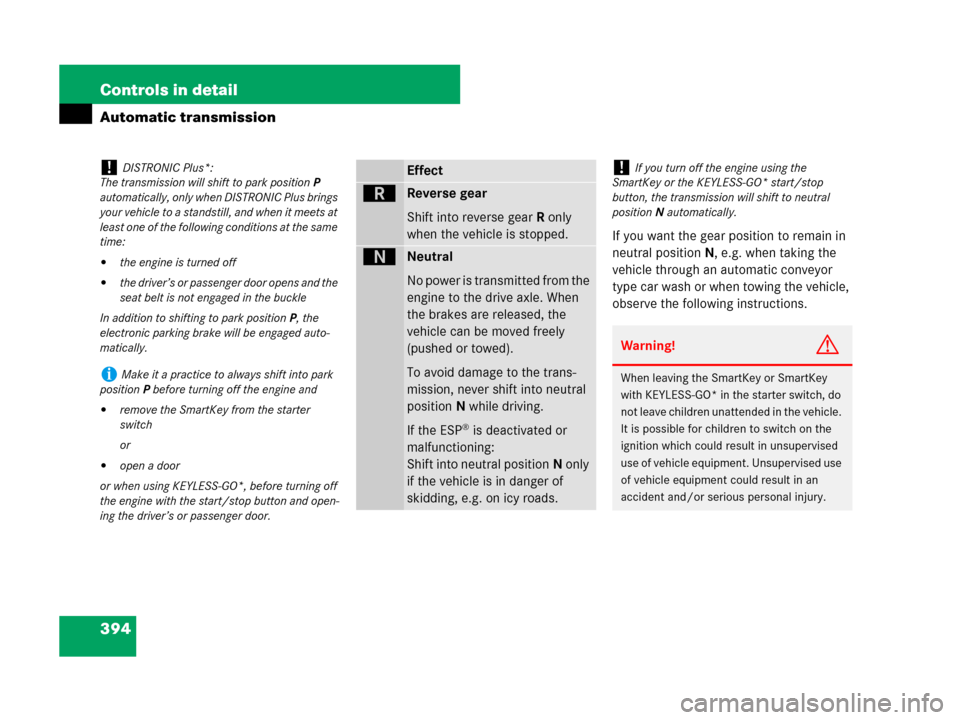 MERCEDES-BENZ CL500 2007 C216 Service Manual 394 Controls in detail
Automatic transmission
If you want the gear position to remain in 
neutral positionN, e.g. when taking the 
vehicle through an automatic conveyor 
type car wash or when towing t