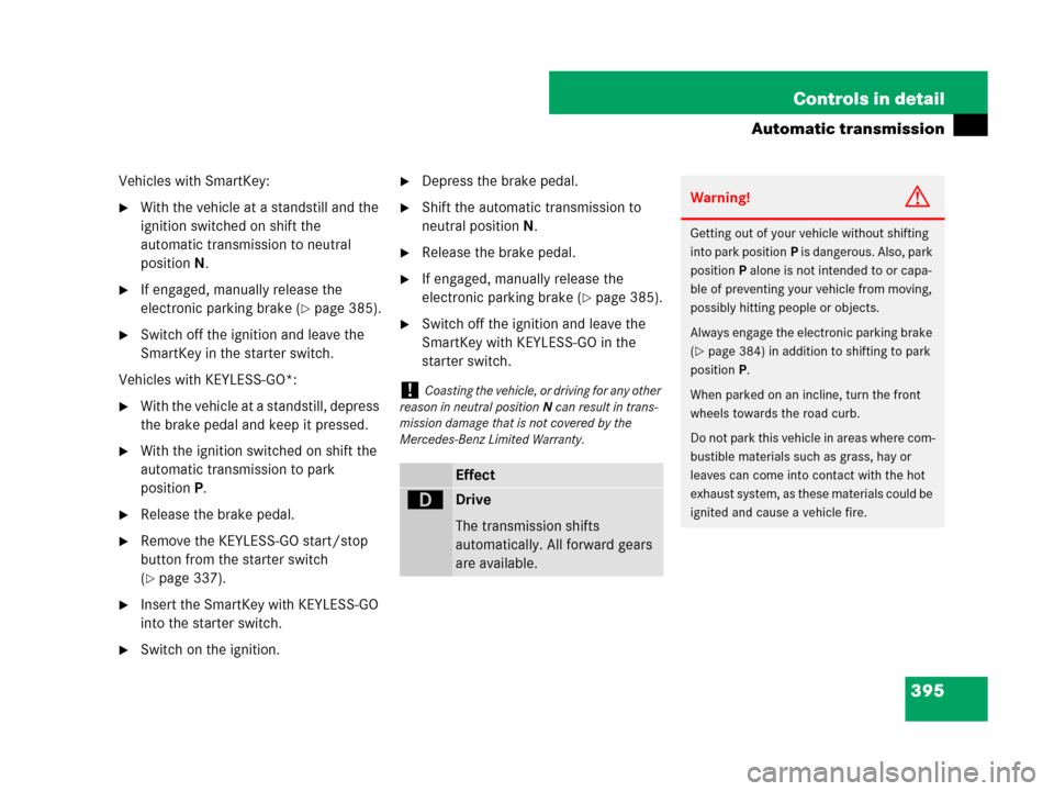 MERCEDES-BENZ CL500 2007 C216 Service Manual 395 Controls in detail
Automatic transmission
Vehicles with SmartKey:
With the vehicle at a standstill and the 
ignition switched on shift the 
automatic transmission to neutral 
positionN.
If engag