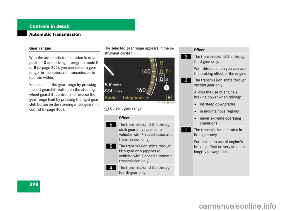MERCEDES-BENZ CL500 2007 C216 Owners Manual 398 Controls in detail
Automatic transmission
Gear ranges
With the automatic transmission in drive 
positionD and driving in program mode C 
or S (
page 399), you can select a gear 
range for the aut