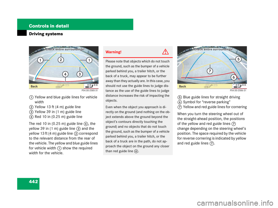 MERCEDES-BENZ CL500 2007 C216 Owners Manual 442 Controls in detail
Driving systems
1Yellow and blue guide lines for vehicle 
width
2Yellow 13 ft (4 m) guide line
3Yellow 39 in (1 m) guide line
4Red 10 in (0.25 m) guide line
The red 10 in (0.25 