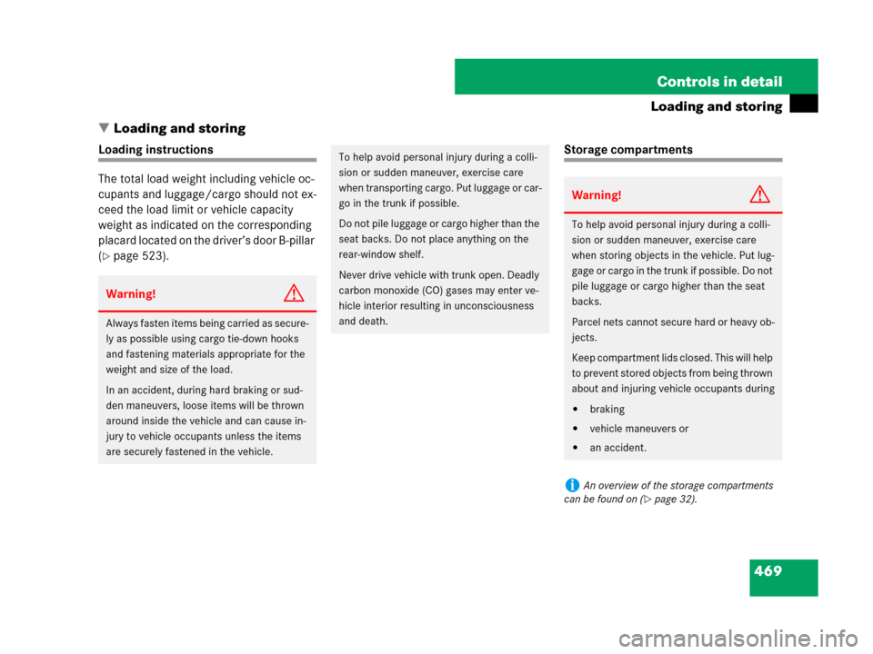 MERCEDES-BENZ CL500 2007 C216 Owners Manual 469 Controls in detail
Loading and storing
Loading and storing
Loading instructions
The total load weight including vehicle oc-
cupants and luggage/cargo should not ex-
ceed the load limit or vehicle
