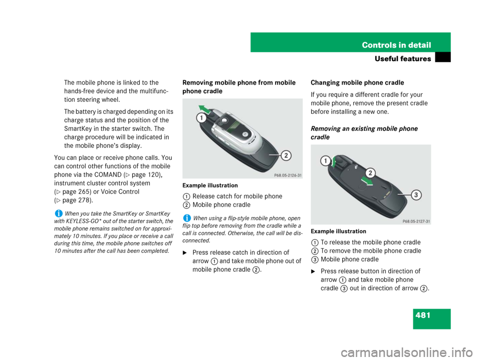 MERCEDES-BENZ CL500 2007 C216 Owners Manual 481 Controls in detail
Useful features
The mobile phone is linked to the 
hands-free device and the multifunc-
tion steering wheel.
The battery is charged depending on its 
charge status and the posit