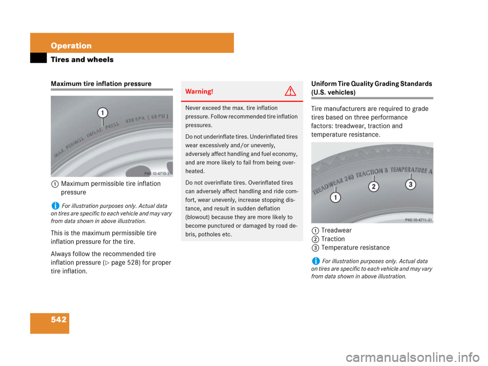 MERCEDES-BENZ CL500 2007 C216 Owners Manual 542 Operation
Tires and wheels
Maximum tire inflation pressure
1Maximum permissible tire inflation 
pressure 
This is the maximum permissible tire 
inflation pressure for the tire.
Always follow the r