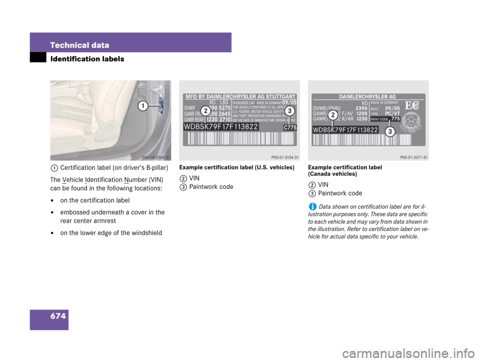 MERCEDES-BENZ CL500 2007 C216 Owners Manual 674 Technical data
Identification labels
1Certification label (on driver’s B-pillar) 
The V
ehicle Identification Number (VIN) 
can be found in the following locations:
on the certification label
