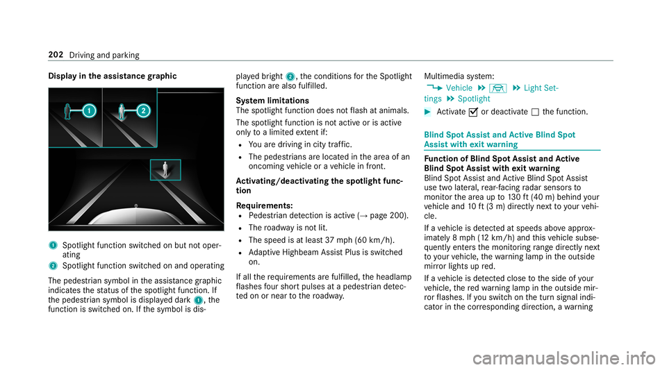 MERCEDES-BENZ S-CLASS CABRIOLET 2019  Owners Manual Display in
the assistance graphic 1
Spotlight function switched on but not oper‐
ating
2 Spotlight function switched on and operating
The pedestrian symbol in the assis tance graphic
indica testh es
