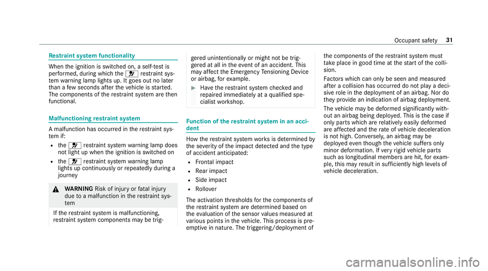 MERCEDES-BENZ S-CLASS CABRIOLET 2019  Owners Manual Re
stra int sy stem functionality When
the ignition is switched on, a self-test is
per form ed, during which the0075 restra int sys‐
te m wa rning lamp lights up. It goes out no later
th an a few se