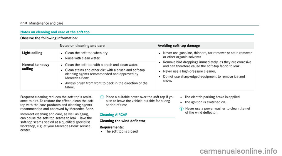 MERCEDES-BENZ S-CLASS CABRIOLET 2019 Owners Manual Note
s on cleaning and care of the soft top Obser
vethefo llowing information: Note
s on cleaning and car eA voiding soft- top damage
Light soiling R
Clean the soft top when dr y.
R Rinse with clean w MERCEDES-BENZ S-CLASS CABRIOLET 2019 Owners Manual Note
s on cleaning and care of the soft top Obser
vethefo llowing information: Note
s on cleaning and car eA voiding soft- top damage
Light soiling R
Clean the soft top when dr y.
R Rinse with clean w