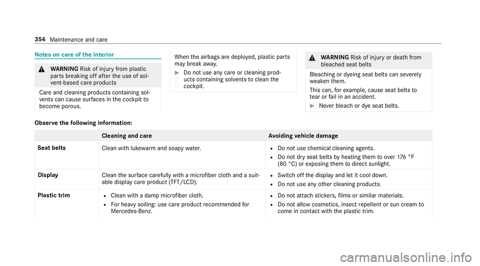 MERCEDES-BENZ S-CLASS CABRIOLET 2019 Owners Manual Note
s on care of the interior &
WARNING Risk of inju ryfrom pla stic
parts breaking off af terth e use of sol‐
ve nt-based care products
Ca reand cleaning products con taining sol‐
ve nts can cau MERCEDES-BENZ S-CLASS CABRIOLET 2019 Owners Manual Note
s on care of the interior &
WARNING Risk of inju ryfrom pla stic
parts breaking off af terth e use of sol‐
ve nt-based care products
Ca reand cleaning products con taining sol‐
ve nts can cau