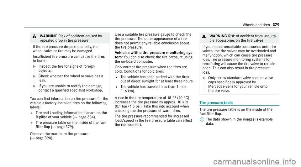 MERCEDES-BENZ S-CLASS CABRIOLET 2019  Owners Manual &
WARNING Risk of accident caused by
re peated drop in tire pressure
If th e tire pressure drops repeatedl y,the
wheel, valve or tire may be damaged.
Insuf ficient tire pressure can cause the tires
to