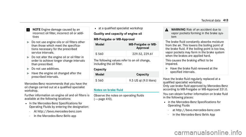 MERCEDES-BENZ S-CLASS CABRIOLET 2019 Owners Manual *
NO
TEEngine dama gecaused byan
incor rect oil filter, incor rect oil or addi‐
tives #
Do not use engine oils or oil filters other
th an those which meet the specifica‐
tions necessary forth e pr MERCEDES-BENZ S-CLASS CABRIOLET 2019 Owners Manual *
NO
TEEngine dama gecaused byan
incor rect oil filter, incor rect oil or addi‐
tives #
Do not use engine oils or oil filters other
th an those which meet the specifica‐
tions necessary forth e pr