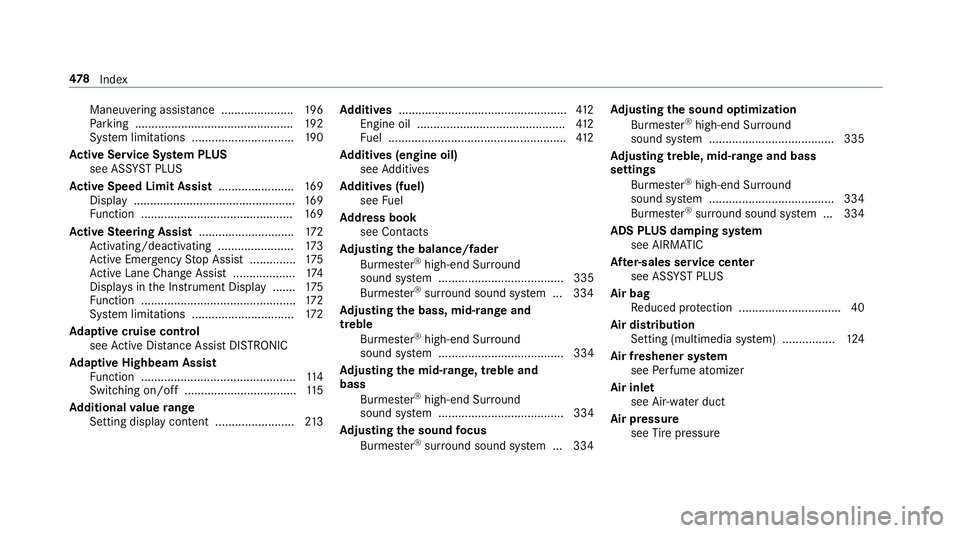 MERCEDES-BENZ S-CLASS CABRIOLET 2019  Owners Manual Maneuvering assis
tance ...................... 19 6
Pa rking ................................................ 19 2
Sy stem limitations ...............................1 90
Ac tive Se rvice Sy stem PLUS
