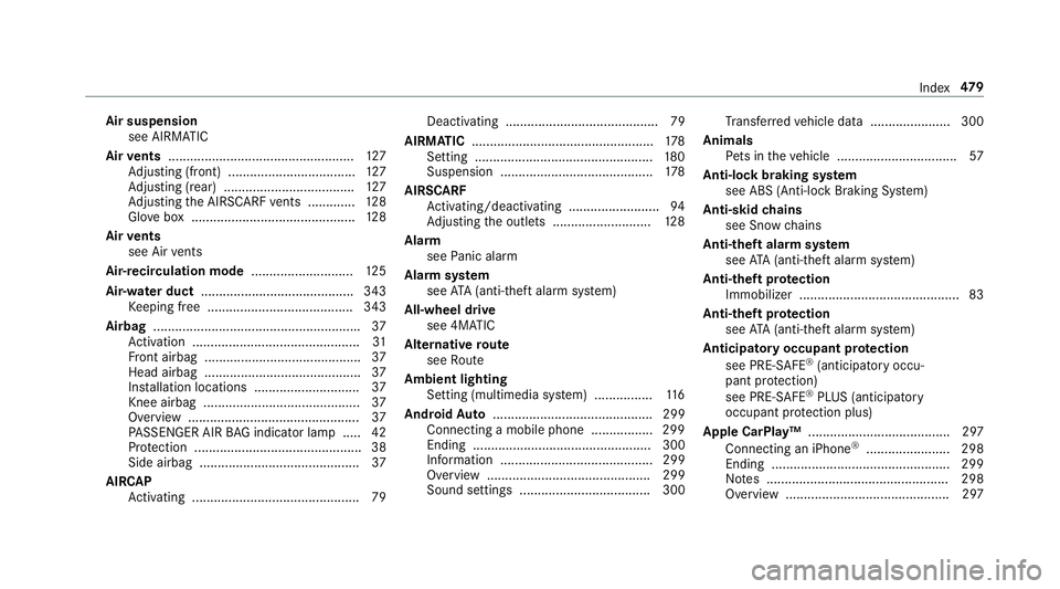 MERCEDES-BENZ S-CLASS CABRIOLET 2019  Owners Manual Air suspension
see AIRMATIC
Air vents ................................................... 127
Ad justing (front) ................................... 127
Ad justing (rear) .............................