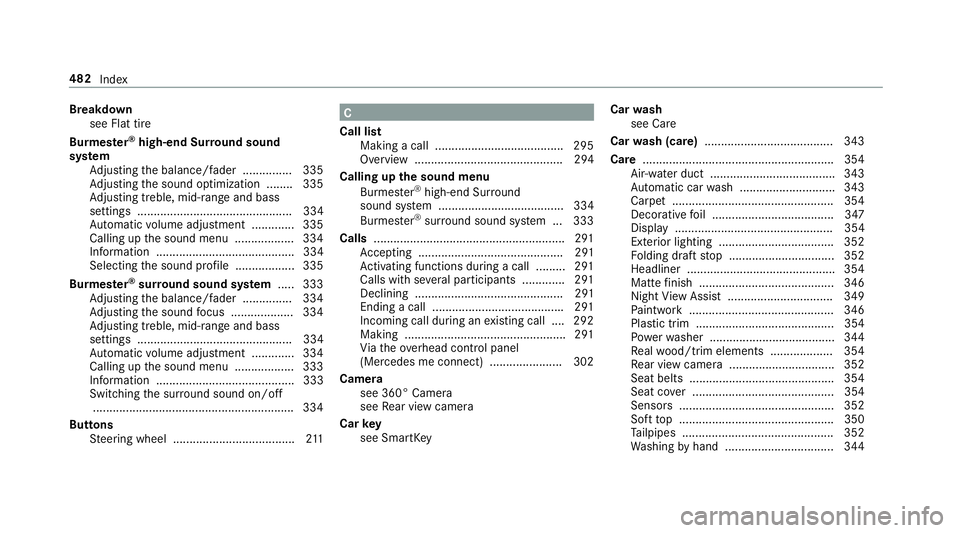 MERCEDES-BENZ S-CLASS CABRIOLET 2019  Owners Manual Breakdown
see Flat tire
Burmes ter®
high-end Sur round sound
sy stem
Ad justing the balance/fader ............... 335
Ad justing the sound optimization ........ 335
Ad justing treble, mid-range and b