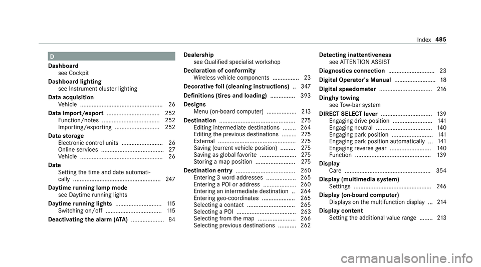 MERCEDES-BENZ S-CLASS CABRIOLET 2019  Owners Manual D
Dashboa rd
see Cockpit
Dashboard lighting see Instrument clus ter lighting
Data acquisition Vehicle .................................................. 26
Data import/export .........................