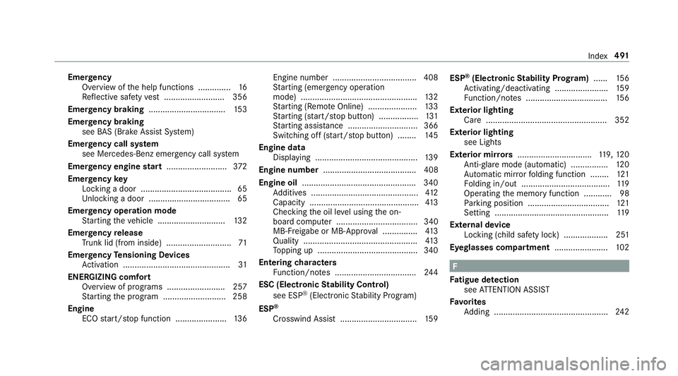 MERCEDES-BENZ S-CLASS CABRIOLET 2019  Owners Manual Emer
gency
Overview of the help functions .............. 16
Re flective saf etyve st .......................... 356
Eme rgency braking ................................ .153
Emer gency braking
see BAS 