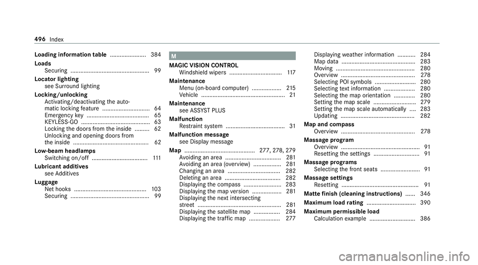 MERCEDES-BENZ S-CLASS CABRIOLET 2019  Owners Manual Loading information table
...................... 384
Loads Securing ................................................ 99
Locator lighting see Sur round lighting
Locking/unlocking Activating/deactivatin