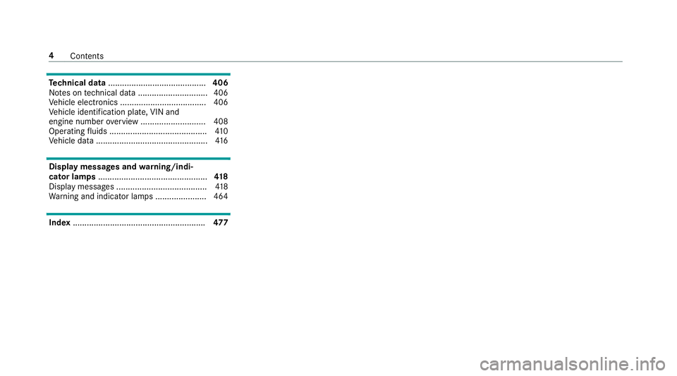 MERCEDES-BENZ S-CLASS CABRIOLET 2019  Owners Manual Te
ch nical data .......................................... 406
No tes on tech nical da ta.............................. 406
Ve hicle electronics .....................................4 06
Ve hicle ide