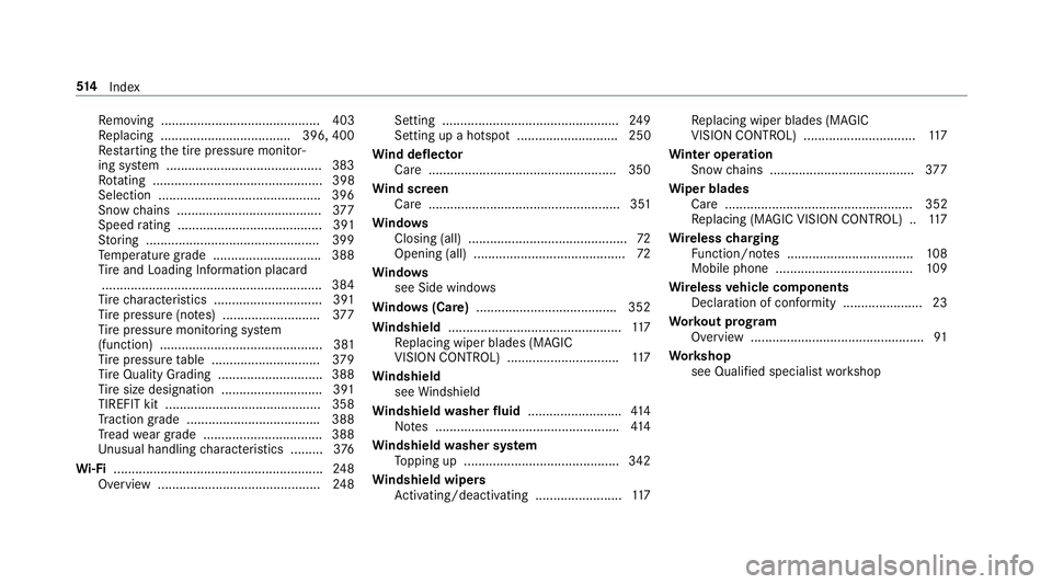 MERCEDES-BENZ S-CLASS CABRIOLET 2019  Owners Manual Re
moving ............................................ 403
Re placing .................................... 396, 400
Re starting the tire pressure monitor‐
ing sy stem ...............................