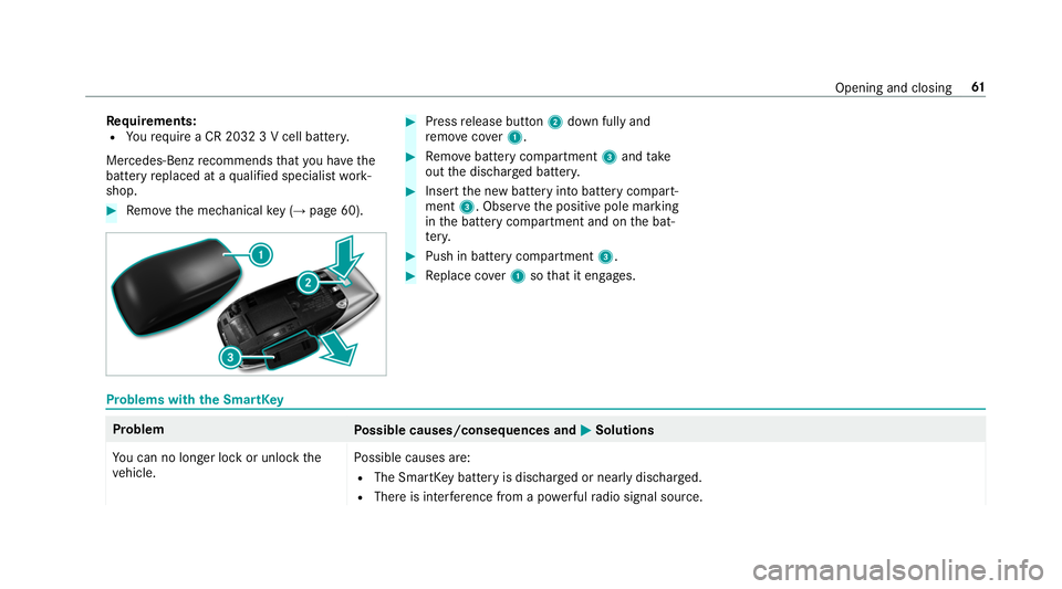 MERCEDES-BENZ S-CLASS CABRIOLET 2019  Owners Manual Re
quirements:
R Yourequ ire a CR 2032 3 V cell batter y.
Mercedes-Benz recommends that you ha vethe
battery replaced at a qualified specialist work‐
shop. #
Remo vethe mechanical key (→ page 60).