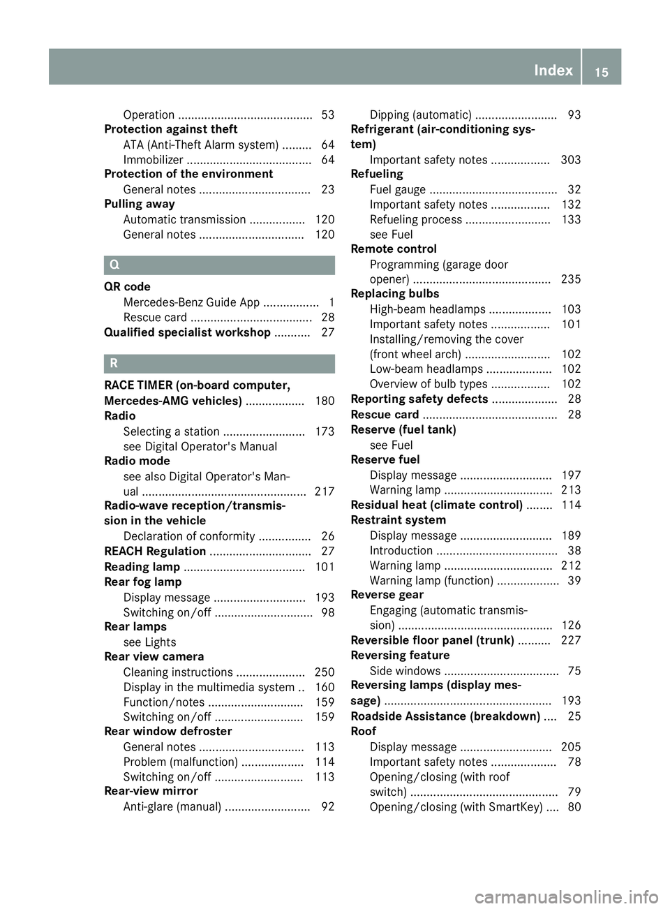 MERCEDES-BENZ SLC ROADSTER 2019 User Guide Operation
......................................... 53
Protection againsttheft
ATA (Anti-Theft Alarmsystem) ......... 64
Immobilizer ...................................... 64
Protection ofthe environm