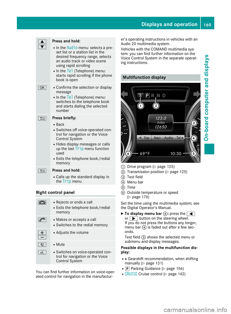 MERCEDES-BENZ SLC ROADSTER 2019  Owners Manual 0063
0064 Press
andhold:
R In the Audio Audio
menu: selects apre-
set listorastation listinthe
desired frequency range,selects
an audio trackorvideo scene
using rapidscrolling
R In the Tel Tel
(Teleph