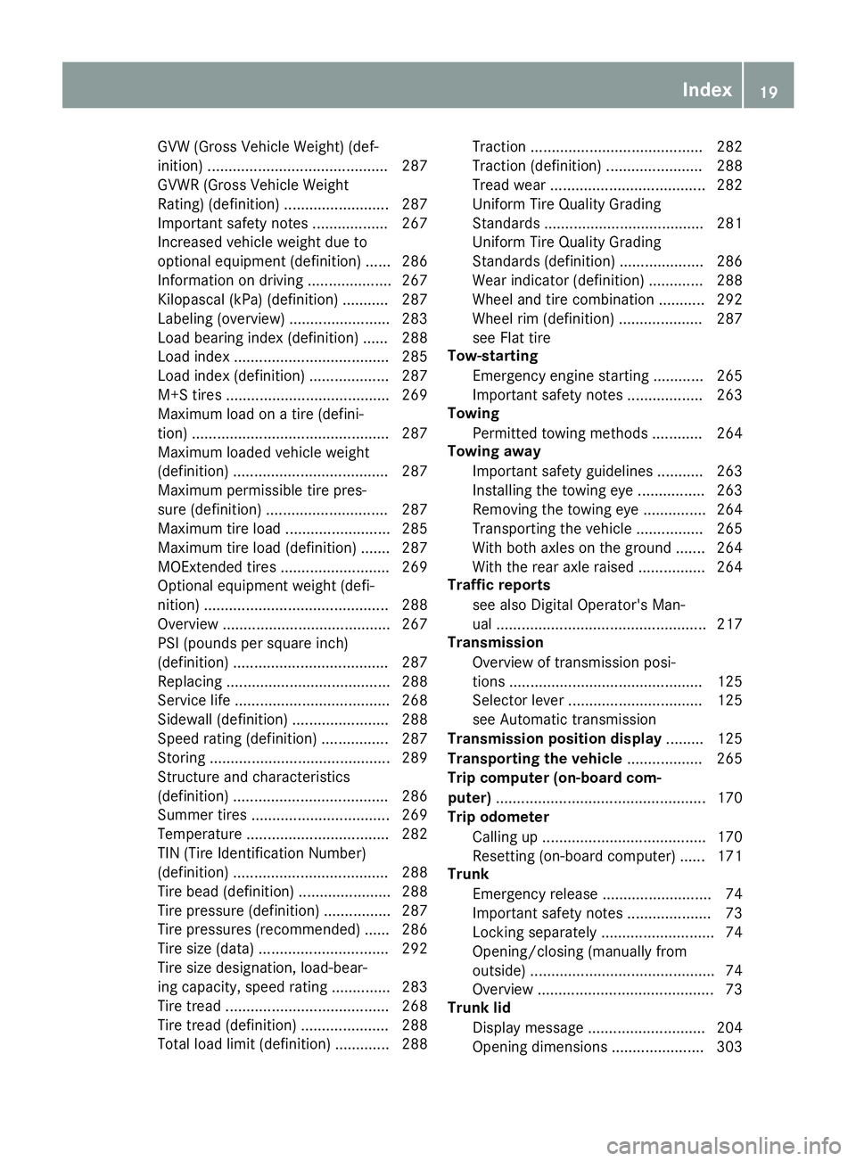 MERCEDES-BENZ SLC ROADSTER 2019  Owners Manual GVW
(GrossVeh icle Weigh t)(def -
ini tio n).... .......................................2 87
GVW R(G ross VehicleWei ght
Ra ting) (definitio n)....... .................. 287
Importa ntsafe tynotes ...