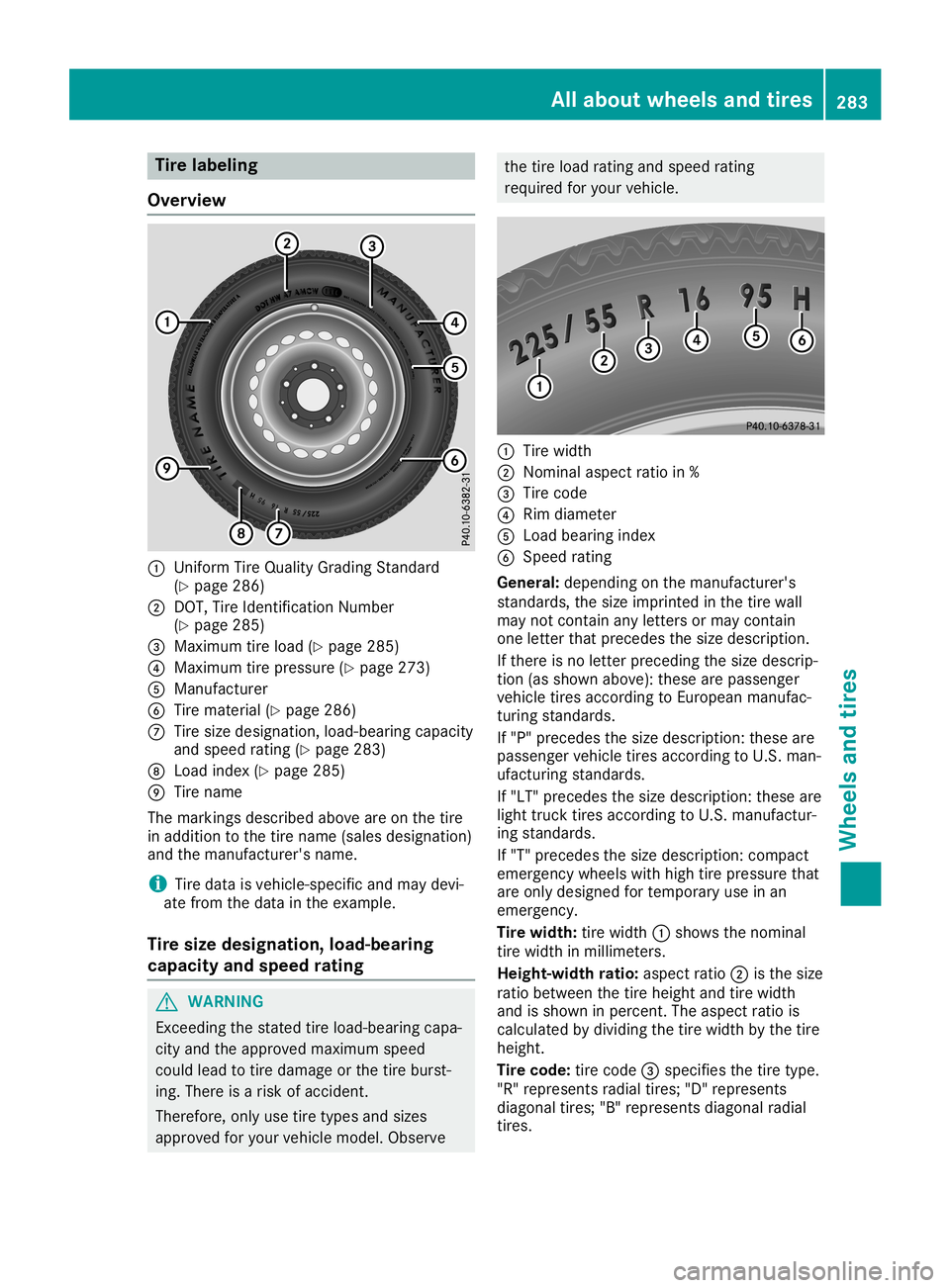 MERCEDES-BENZ SLC ROADSTER 2019 Owners Manual Tire
labelin g
Ov erv iew 0043
UniformTire Qu ality Grad ing Stand ard
(Y page 286 )
0044 DOT, Tire Ide ntifi cationNumbe r
(Y page 285)
0087 Maxim um tire load (Ypage 285 )
0085 Maxim um tire pressu MERCEDES-BENZ SLC ROADSTER 2019 Owners Manual Tire
labelin g
Ov erv iew 0043
UniformTire Qu ality Grad ing Stand ard
(Y page 286 )
0044 DOT, Tire Ide ntifi cationNumbe r
(Y page 285)
0087 Maxim um tire load (Ypage 285 )
0085 Maxim um tire pressu