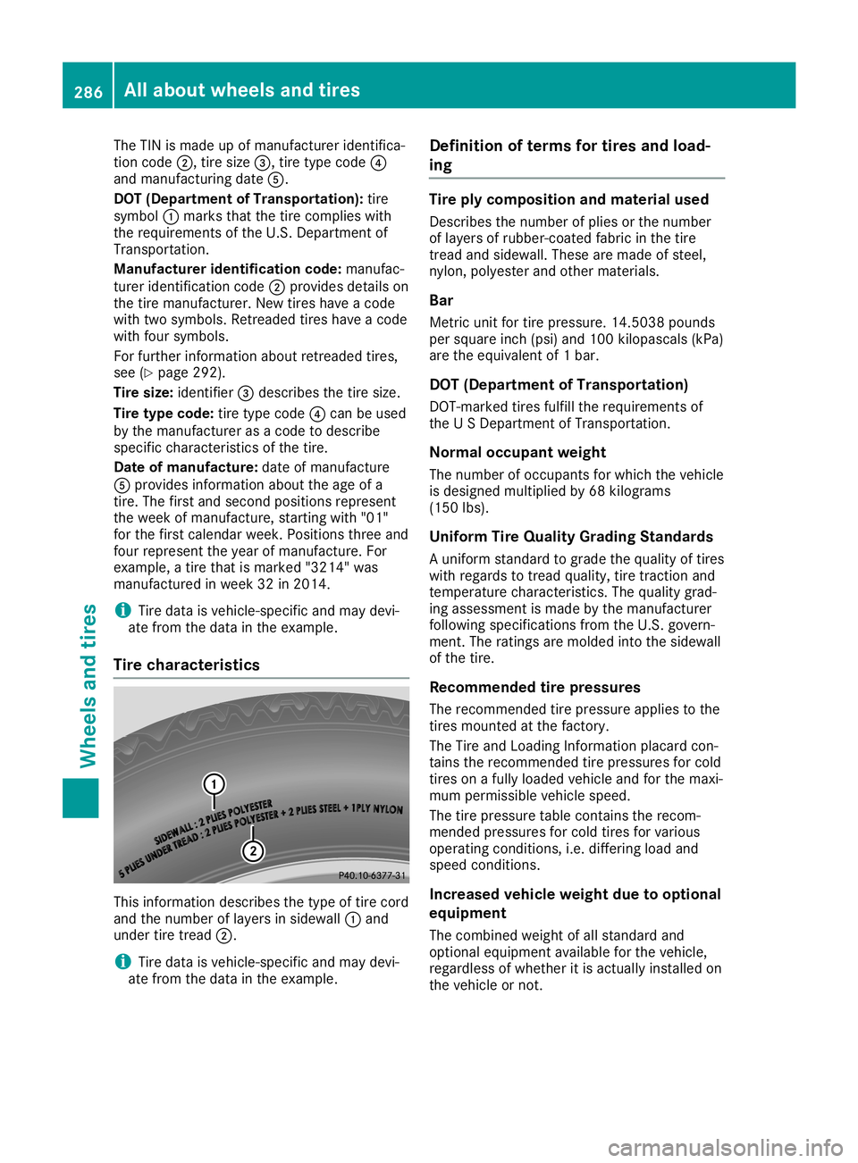 MERCEDES-BENZ SLC ROADSTER 2019 Owners Manual The
TINismade upofmanufact ureridentific a-
tion code 0044,tire size 0087,tire type code 0085
and manufact uringdate0083.
DOT (Departm entofTra nsport ation): tire
symbol 0043marks thatthetire complie MERCEDES-BENZ SLC ROADSTER 2019 Owners Manual The
TINismade upofmanufact ureridentific a-
tion code 0044,tire size 0087,tire type code 0085
and manufact uringdate0083.
DOT (Departm entofTra nsport ation): tire
symbol 0043marks thatthetire complie
