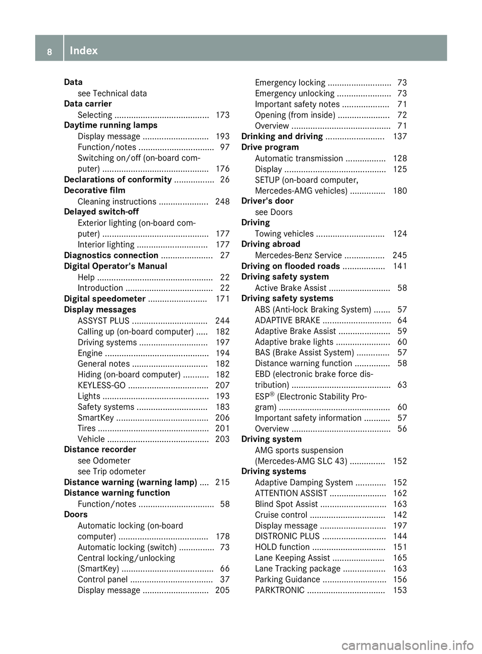 MERCEDES-BENZ SLC ROADSTER 2019  Owners Manual Dat
a
see Technica ldat a
Dat acar rier
Se lec ting ...... .................................. 173
Day time runnin glam ps
Di spla ymes sage ............................ 193
Fun ction /notes ..........