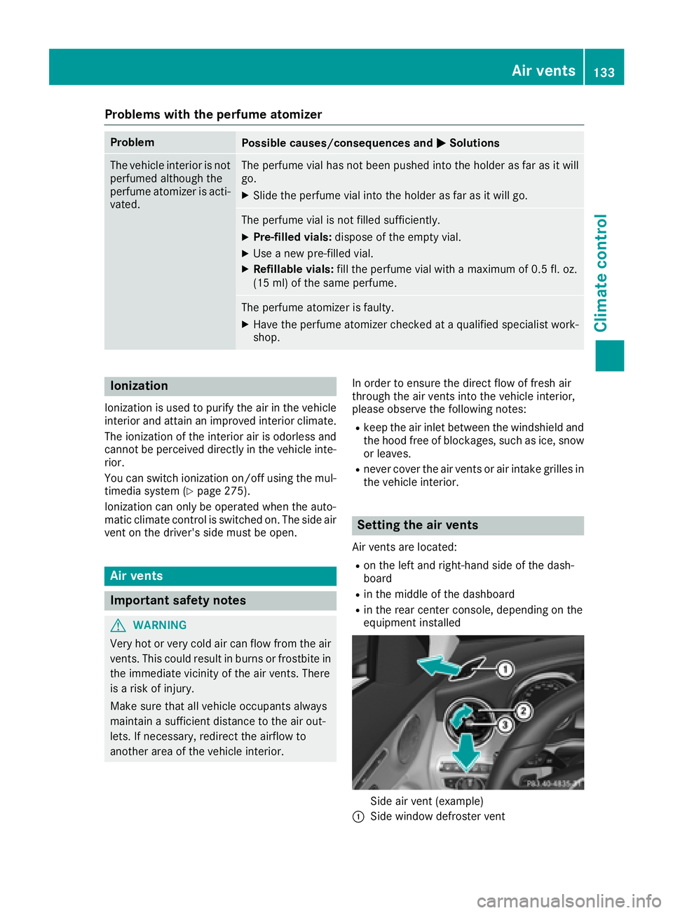 MERCEDES-BENZ C-CLASS SEDAN 2018  Owners Manual Problems with the perfume atomizer
ProblemPossible causes/consequences andMSolutions
The vehicle interior is not
perfumed although the
perfume atomizer is acti-
vated.The perfume vial has not been pus