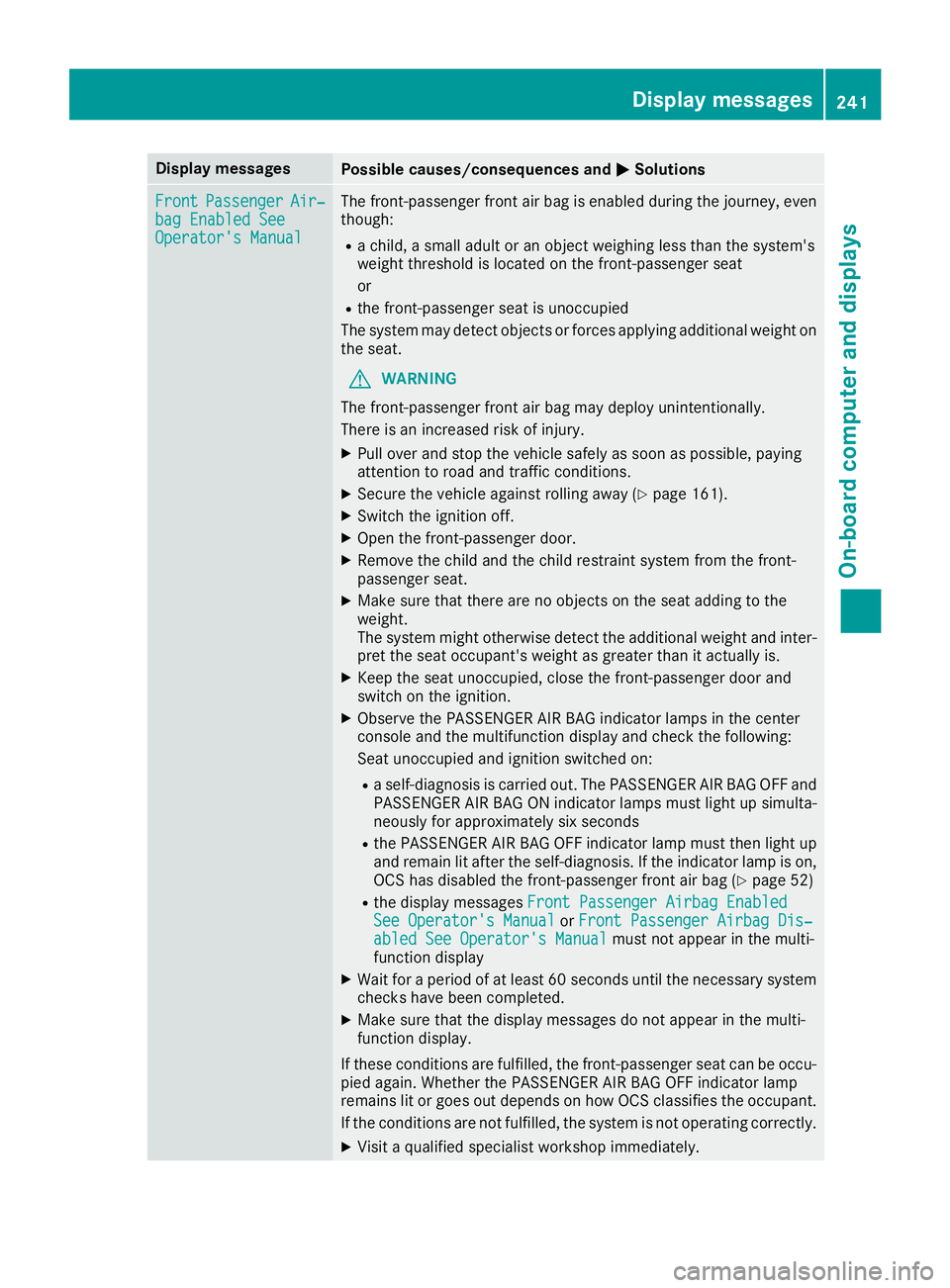 MERCEDES-BENZ C-CLASS SEDAN 2018  Owners Manual Display messagesPossible causes/consequences andMSolutions
FrontPassengerAir‐bag Enable dSeeOperator' sManual
The front-passenger fron tair bag is enabled during th ejourney, eve n
though :
Rach