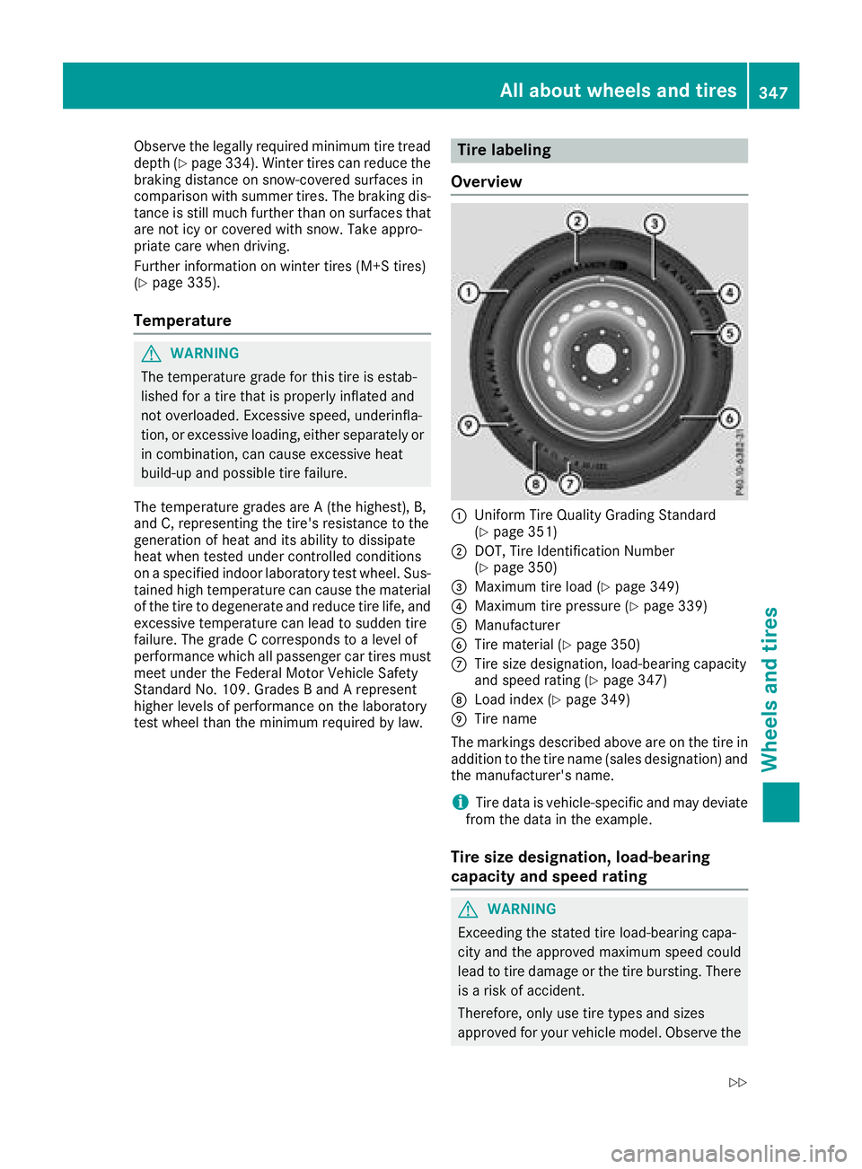 MERCEDES-BENZ C-CLASS SEDAN 2018 Owners Manual Observe the legally required minimum tire tread
depth (Ypage 334). Winter tires can reduce the
braking distance on snow-covered surfaces in
comparison with summer tires. The braking dis-
tance is stil MERCEDES-BENZ C-CLASS SEDAN 2018 Owners Manual Observe the legally required minimum tire tread
depth (Ypage 334). Winter tires can reduce the
braking distance on snow-covered surfaces in
comparison with summer tires. The braking dis-
tance is stil
