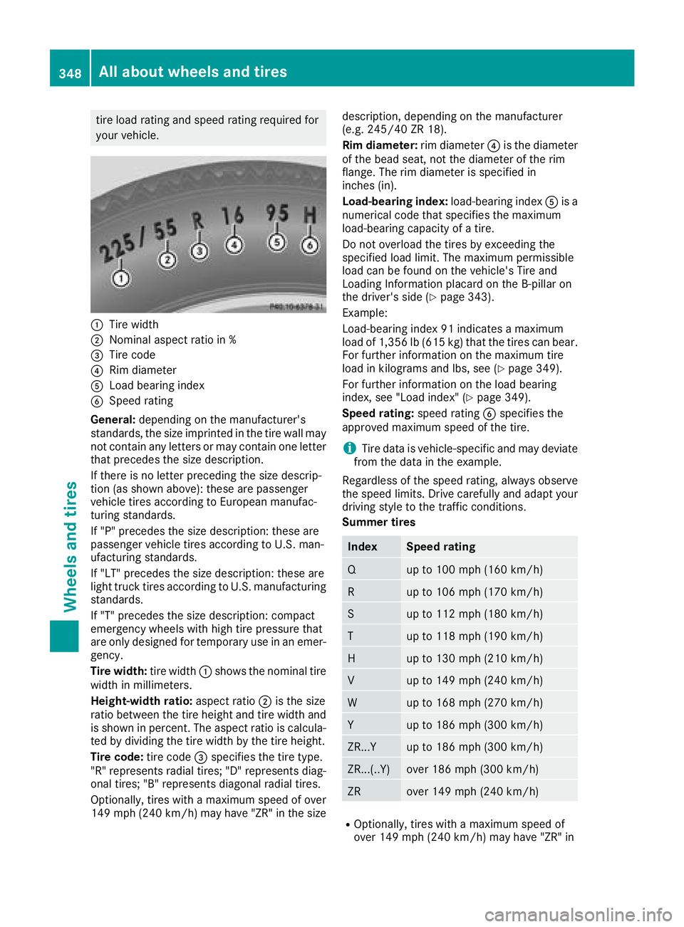 MERCEDES-BENZ C-CLASS SEDAN 2018 Owners Manual tire load rating and speed rating required for
your vehicle.
:Tire width
;Nominal aspect ratio in %
=Tire code
?Rim diameter
ALoad bearing index
BSpeed rating
General: depending on the manufacturer MERCEDES-BENZ C-CLASS SEDAN 2018 Owners Manual tire load rating and speed rating required for
your vehicle.
:Tire width
;Nominal aspect ratio in %
=Tire code
?Rim diameter
ALoad bearing index
BSpeed rating
General: depending on the manufacturer
