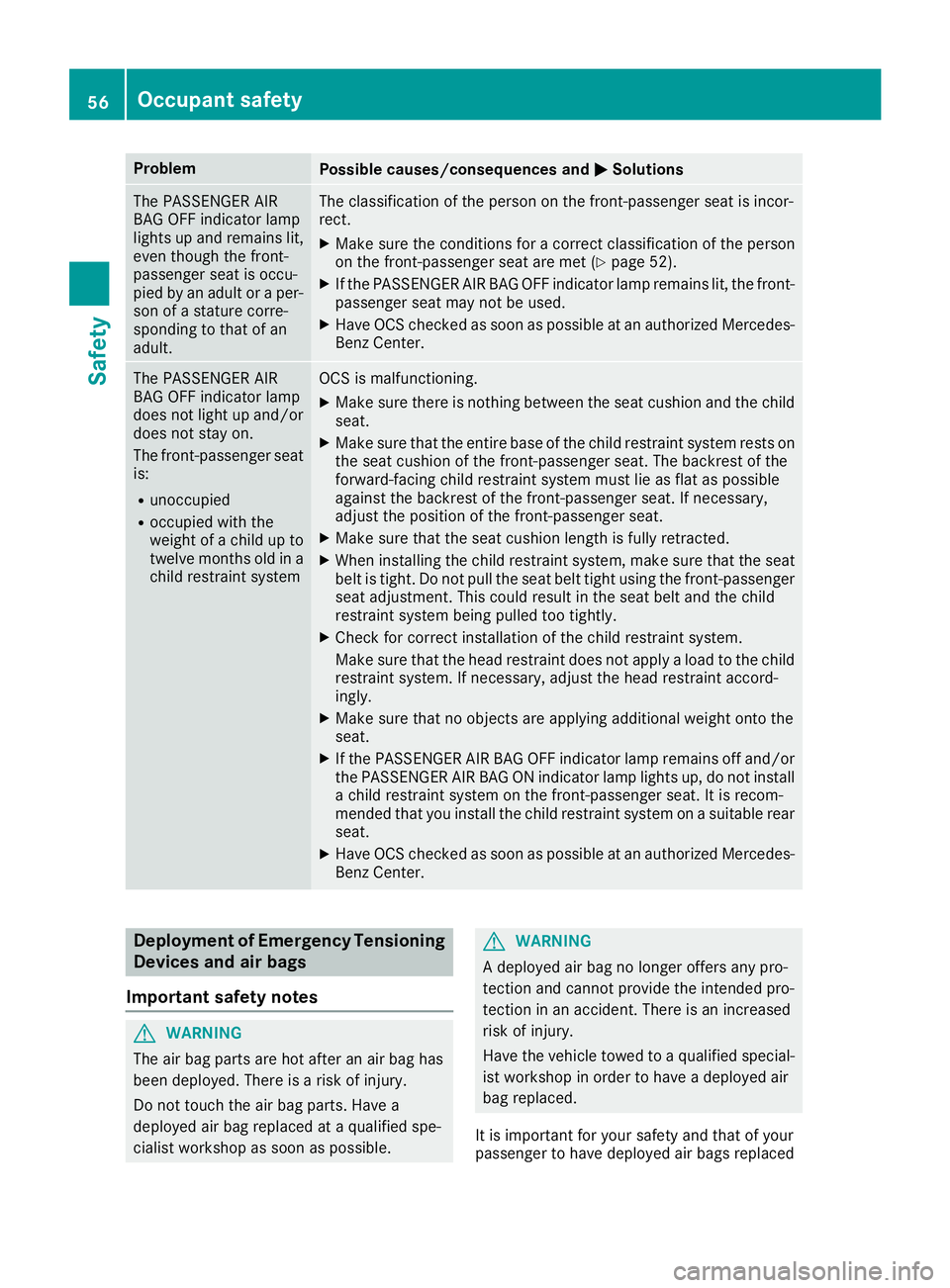 MERCEDES-BENZ C-CLASS SEDAN 2018  Owners Manual ProblemPossible causes/consequences andMSolutions
The PASSENGER AIR
BAG OFF indicator lamp
lights up and remains lit,
even though the front-
passenger seat is occu-
pied by an adult or a per-
son of a