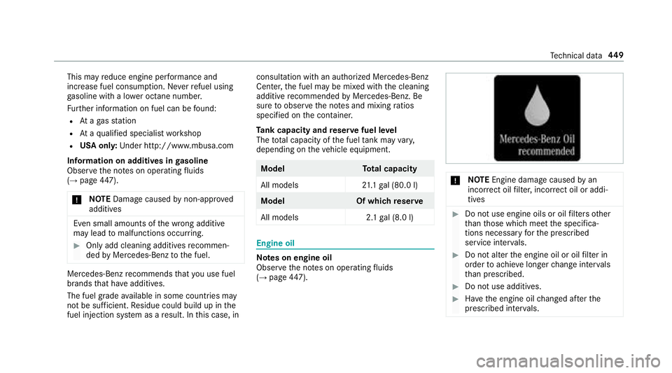 MERCEDES-BENZ S-CLASS SEDAN 2018 Owners Manual This mayreduce engine per form ance and
inc rease fuel consum ption. Ne verre fuel using
ga soline with a lo wer octane number.
Fu rther information on fuel can be found:
RAt aga sst ation
RAt aqu ali MERCEDES-BENZ S-CLASS SEDAN 2018 Owners Manual This mayreduce engine per form ance and
inc rease fuel consum ption. Ne verre fuel using
ga soline with a lo wer octane number.
Fu rther information on fuel can be found:
RAt aga sst ation
RAt aqu ali