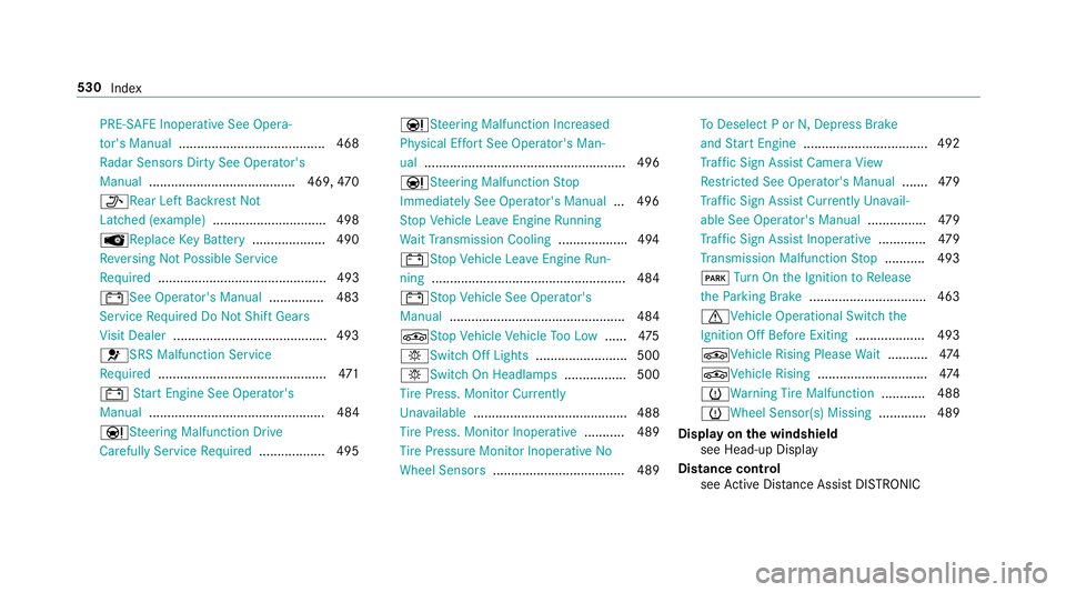 MERCEDES-BENZ S-CLASS SEDAN 2018 Owners Manual PRE-SAFE Inoperative See Opera‐
tor's Manual ........................................ 468
Ra dar Sensors Dirty See Operator's
Manual ........................................ 469, 470
_Re ar MERCEDES-BENZ S-CLASS SEDAN 2018 Owners Manual PRE-SAFE Inoperative See Opera‐
tor's Manual ........................................ 468
Ra dar Sensors Dirty See Operator's
Manual ........................................ 469, 470
_Re ar