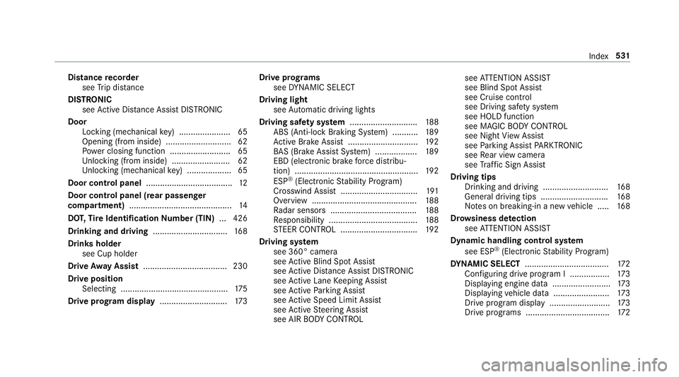 MERCEDES-BENZ S-CLASS SEDAN 2018 Owners Manual Distancerecorder
see Trip dis tance
DI STRO NIC
see Active Dis tance Assist DISTRONIC
Door Locking (me chanical key) ...................... 65
Opening (from inside )............................ 62
Po MERCEDES-BENZ S-CLASS SEDAN 2018 Owners Manual Distancerecorder
see Trip dis tance
DI STRO NIC
see Active Dis tance Assist DISTRONIC
Door Locking (me chanical key) ...................... 65
Opening (from inside )............................ 62
Po