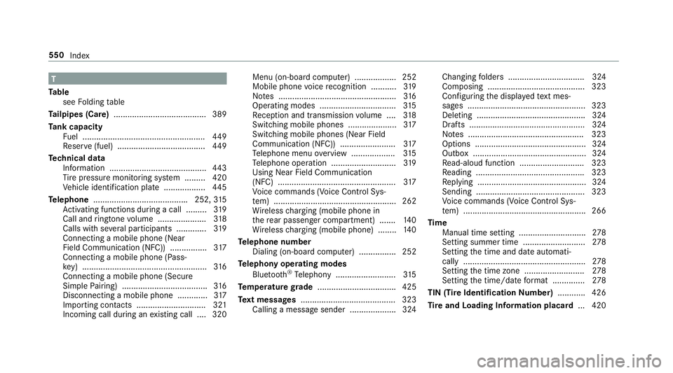 MERCEDES-BENZ S-CLASS SEDAN 2018 Owners Manual T
Ta ble
see Folding table
Ta ilpipes (Care) ........................................ 389
Ta nk capacity
Fu el ..................................................... 449
Re ser ve(fuel) ............... MERCEDES-BENZ S-CLASS SEDAN 2018 Owners Manual T
Ta ble
see Folding table
Ta ilpipes (Care) ........................................ 389
Ta nk capacity
Fu el ..................................................... 449
Re ser ve(fuel) ...............