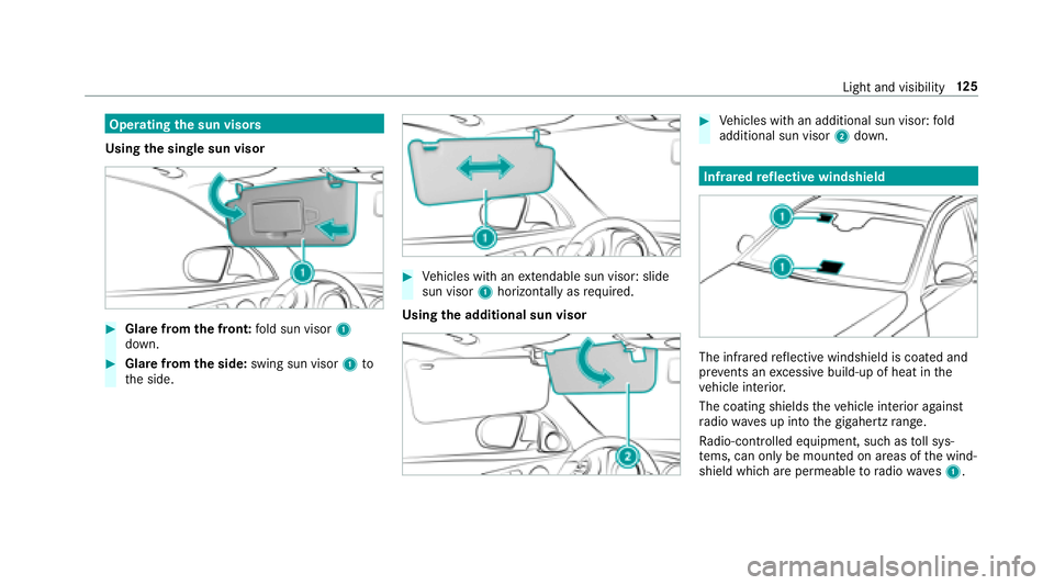 MERCEDES-BENZ E-CLASS SEDAN 2018  Owners Manual Operatingthes un visors
Using thes ingle sun visor
#Glare fromthef ront: fold sun visor 1
down.
#Glar efromt he side: swing sun visor 1to
th es ide.
#Vehicles wit hanextendabl esun visor :slide
sunv i