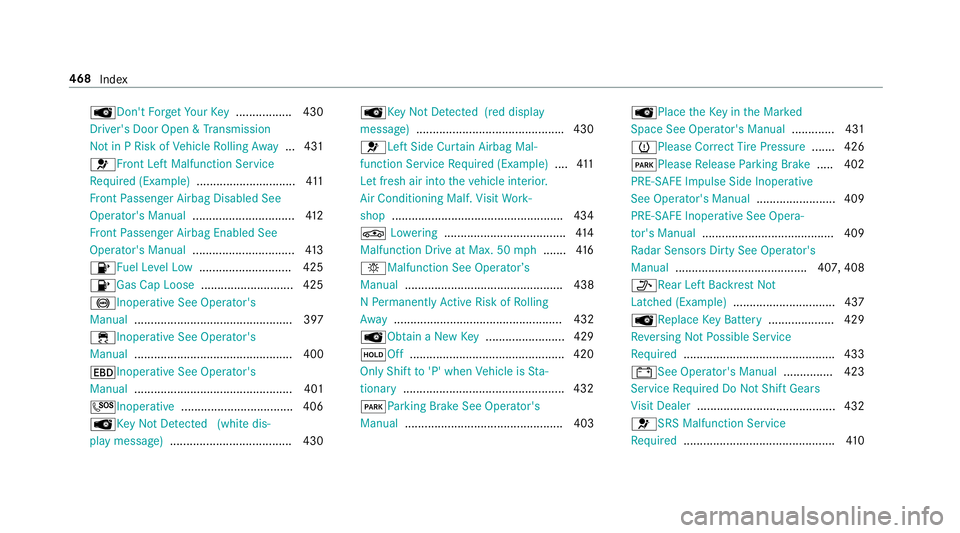 MERCEDES-BENZ E-CLASS SEDAN 2018  Owners Manual ÂDon'tForget Your Key................ .430
Driver's Door Open &Transmission
No tinPR isk ofVehicle Rolling Away ... 431
6Fr ont LeftMalfunction Service
Re quired (Example) ...................