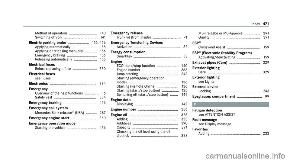 MERCEDES-BENZ E-CLASS SEDAN 2018  Owners Manual Method of operation ............................1 40
Switching off/on .................................. 141
Electric pa rking brake .................... .155, 156
App lying automaticall y............