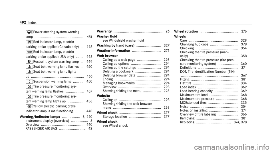 MERCEDES-BENZ E-CLASS SEDAN 2018  Owners Manual ÐPowersteering sy stem warning
lam p................................................... .451
!Re dindicator lamp, elect ric
parkin gbrake applied (Canada only) ...4 48
FRe dindicator lamp, electri c
