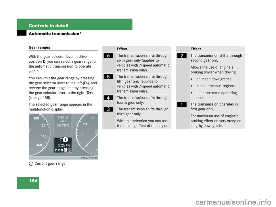MERCEDES-BENZ C230 2007 W203 Owners Manual 156 Controls in detail
Automatic transmission*
Gear ranges
With the gear selector lever in drive 
positionD, you can select a gear range for 
the automatic transmission to operate 
within.
You can lim