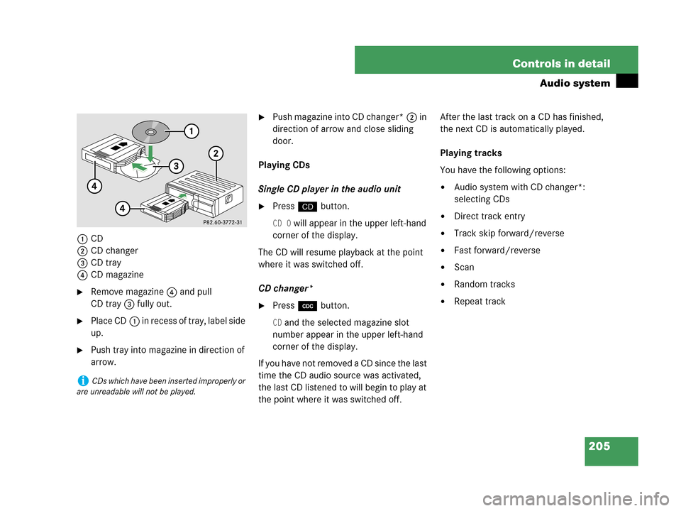 MERCEDES-BENZ C280 2007 W203 Owners Manual 205 Controls in detail
Audio system
1CD
2CD changer
3CD tray
4CD magazine
Remove magazine4 and pull 
CD tray3 fully out.
Place CD1 in recess of tray, label side 
up.
Push tray into magazine in dire