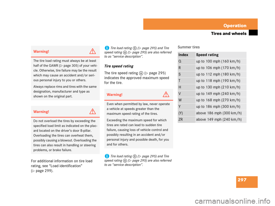 MERCEDES-BENZ C230 2007 W203 Owners Manual 297 Operation
Tires and wheels
For additional information on tire load 
rating, see “Load identification” 
(
page 299).Tire speed rating
The tire speed rating6 (
page 295) 
indicates the approve