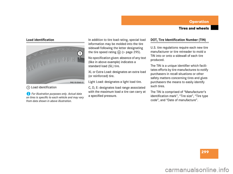 MERCEDES-BENZ C280 2007 W203 Owners Manual 299 Operation
Tires and wheels
Load identification
1Load identificationIn addition to tire load rating, special load 
information may be molded into the tire 
sidewall following the letter designating